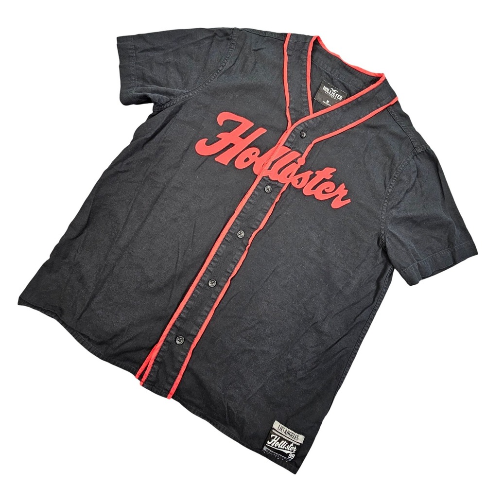 Hollister Baseball Jersey Mens Medium Black Red Script Logo Sportswear Button Up